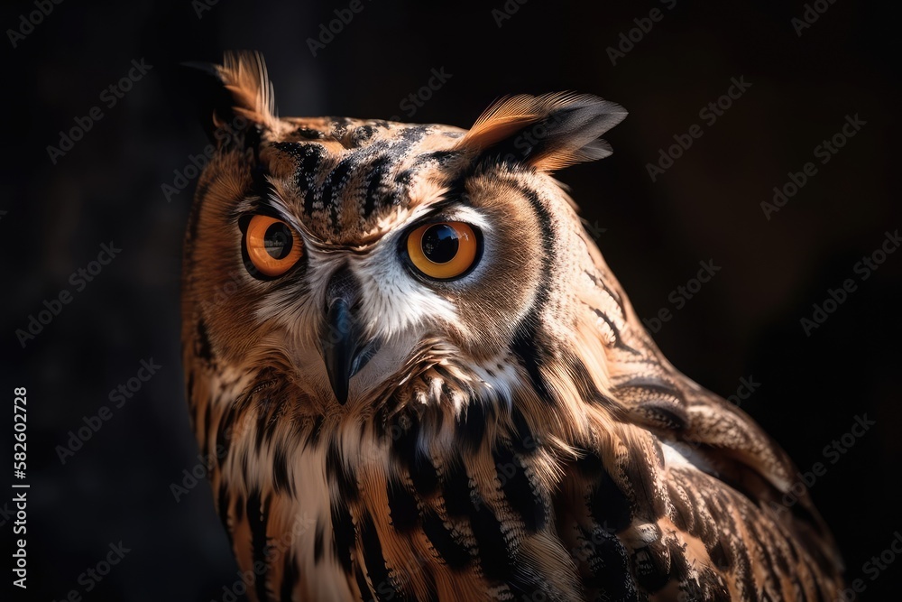Close up of a European Eagle Owl, bubo bubo. Generative AI Close up of a European Eagle Owl, bubo bubo. Generative AI