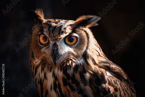 Close up of a European Eagle Owl  bubo bubo. Generative AI