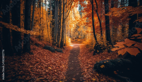 Autumn forest tree path, yellow leaves outdoors ,generative AI