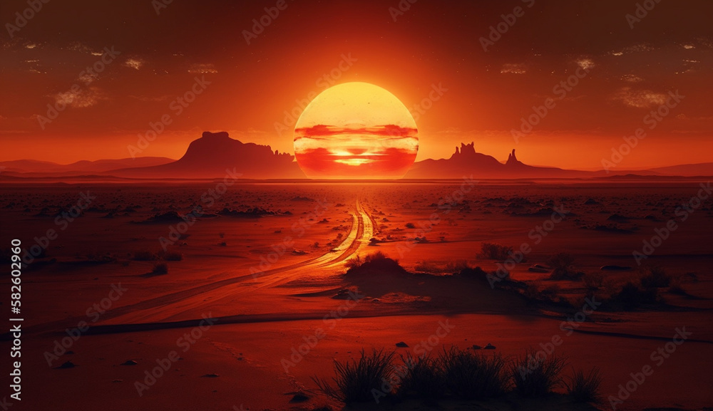 Sunset over Monument Valley, silhouettes majestically eroded sandstone ,generative AI