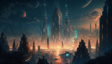 Nightfall on a futuristic city skyline at dusk ,generative AI