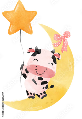 Fototapeta Naklejka Na Ścianę i Meble -  cute happy smile baby pink cow hold balloons farm animal nursery baby shower watercolour illustration