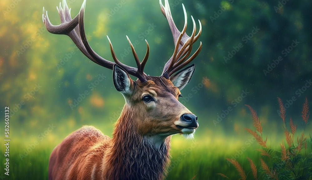 Fototapeta premium Majestic stag grazing peacefully in lush green meadow ,generative AI