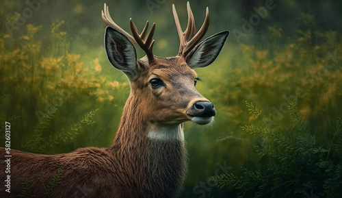 Majestic stag grazing in green forest meadow ,generative AI