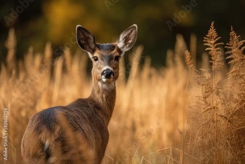 Roe deer in the wild nature at a field. Generative AI © AkuAku