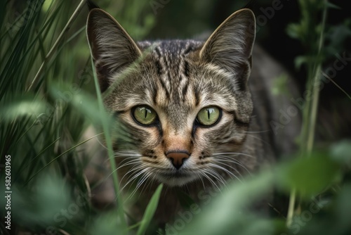Wallpaper Mural A household cat was hiding in the grass. Generative AI Torontodigital.ca