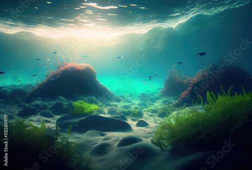 Deep sea and aquatic life with sunshine background. Digital art illustration. Marine life and undersea concept. Generative AI