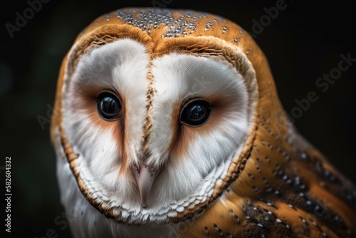 A close up of a common barn owl (Tyto albahead). Generative AI