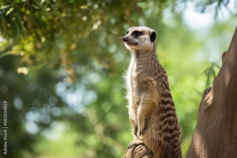 Fototapeta premium lone Suricata Suricatta Meerkat standing on a tree and gazing upward in a verdant environment. Generative AI