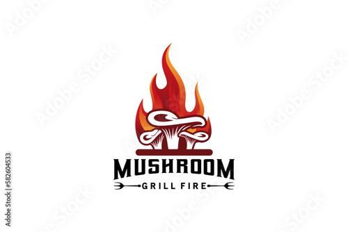 Fire oyster mushroom logo, grilled mushroom logo template for food business design