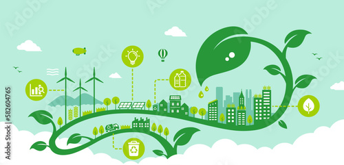 Green eco city vector banner illustration ( SDGs, ecology concept , nature conservation )