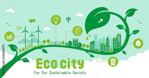 Green eco city vector banner illustration ( SDGs, ecology concept , nature conservation )
