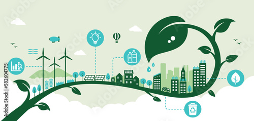 Green eco city vector banner illustration ( SDGs, ecology concept , nature conservation )