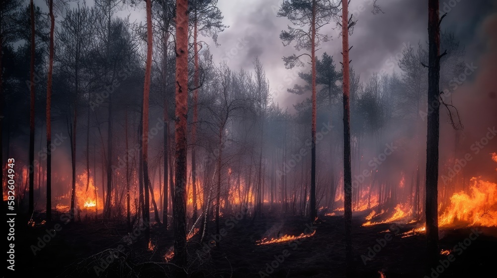 Forest fire with trees on fire. Generative AI Forest fire with trees on fire. Generative AI