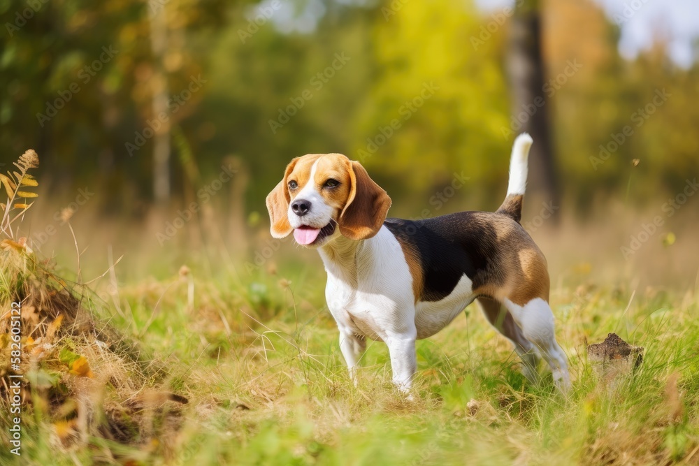 Beagle dog playing in the meadow woodland field. Generative AI