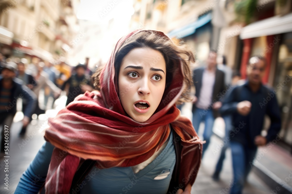 young woman wearing a hijab running in the street of a Middle Eastern  city. Generative A