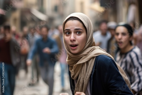 young woman wearing a hijab running in the street of a Middle Eastern city. Generative A