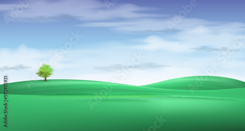 3d landscape mountain and hills illustration with 3d trees, cloud and sun. vector illustration. 