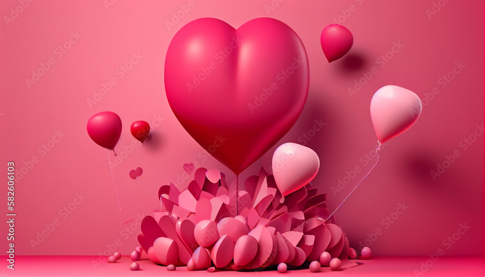3D pink balloon isolated on red background, valentine background with copy space, Generative AI