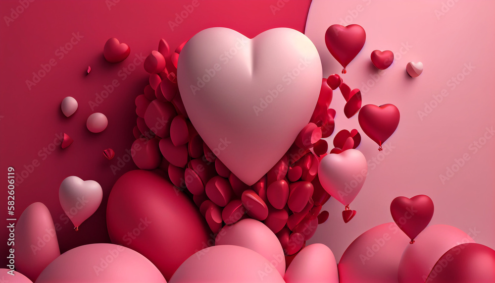 3D red and pink balloon isolated on red background, valentine background with copy space, Generative AI