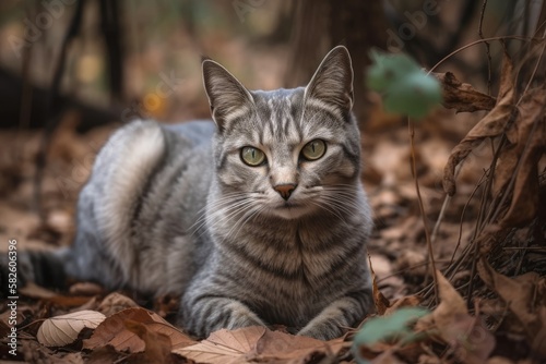 Gray cat poses on leafy ground. Generative AI