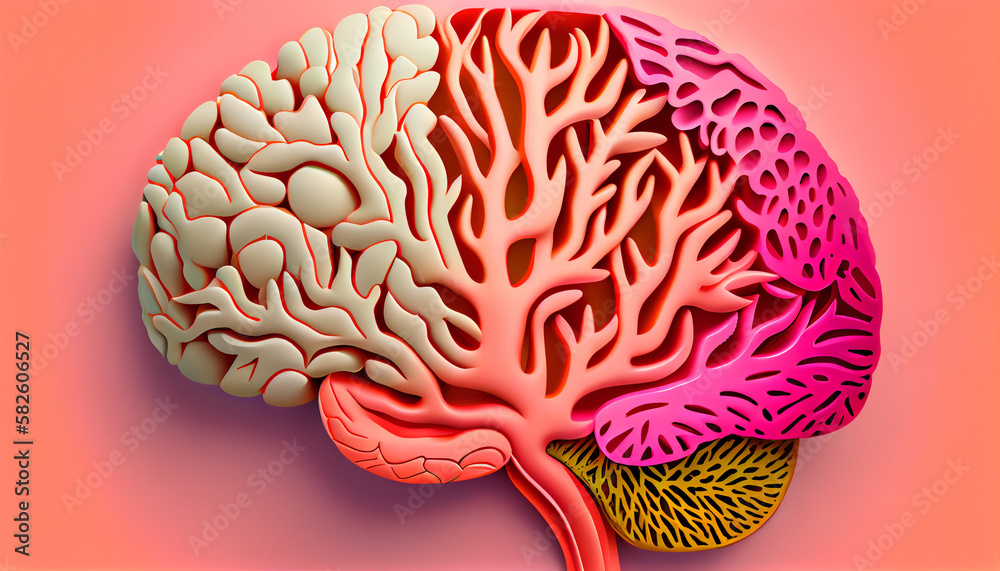 Brain in the shape of seasons coral pink, Generative AI Brain in the shape of seasons coral pink, Generative AI
