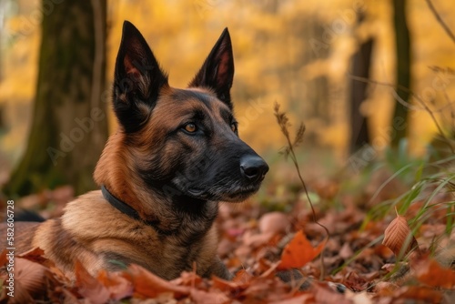 In the autumn woodland, a beautiful Belgian Shepherd Malinois Dog rests among the leaves. Generative AI