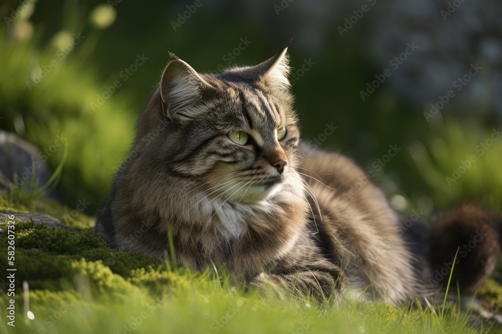 a Norwegian wild cat resting in the sunshine early in the morning. Generative AI
