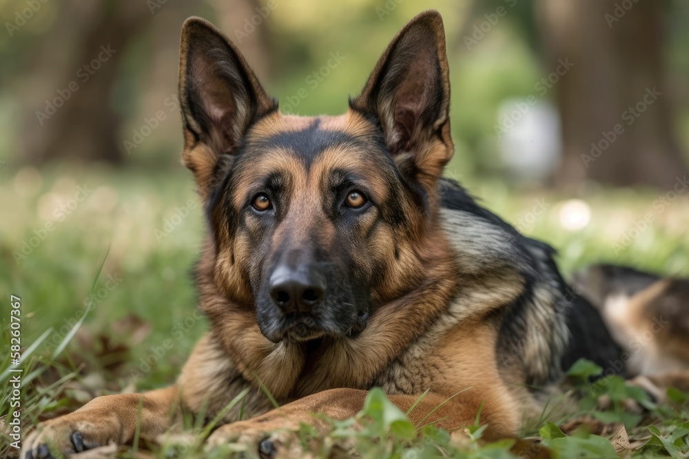 German shepherd taking a break on the grass. Generative AI German shepherd taking a break on the grass. Generative AI