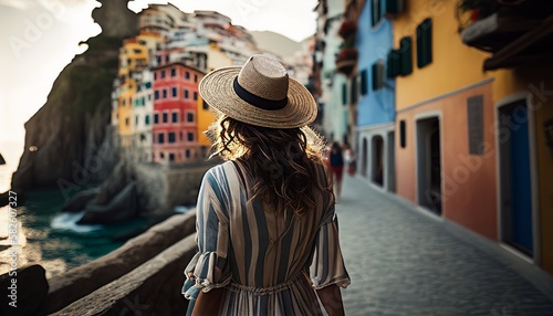 carefree traveller woman casual cloth walking look at the wonderful stunning attraction famous view of the Manarola By Mountain Against Sky, image ai generate