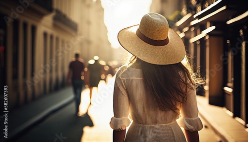 carefree traveller woman casual cloth walking look at the wonderful stunning attraction famous view of the Europe city tour street and architecture, image ai generate