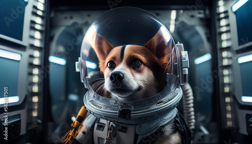 active cute dog flying into space with an astronaut costume and helmet in spacecraft control room ,image ai generate