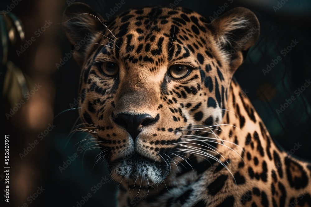 A close up of a leopard predator with a thick mustache. Generative AI