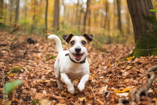Jack Russell Terrier having fun in the woodland in the fall. Generative AI