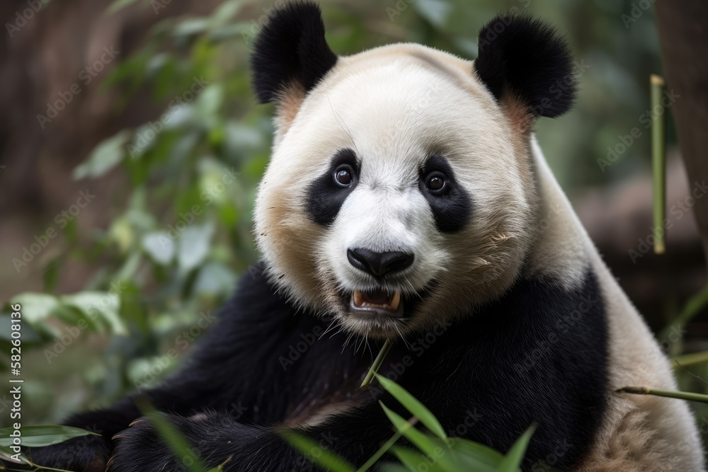 Fototapeta premium Panda eating bamboo and sitting. Generative AI