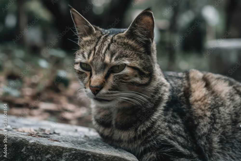 Stray domestic cat with selective attention left in a graveyard. Generative AI