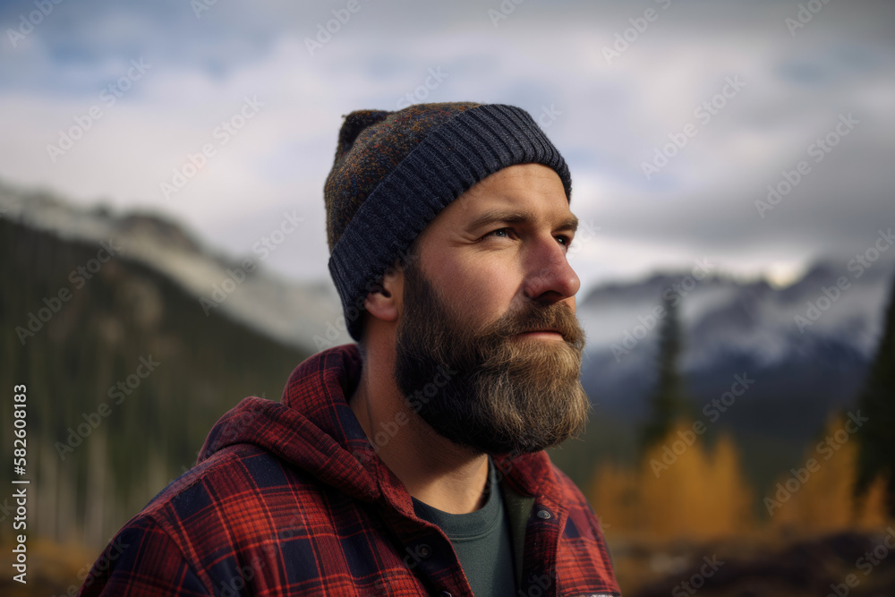 Backcountry adventurer Portrait of a man wearing a knit beanie and flannel shirt standing in front of a rugged mountain range, generative ai Backcountry adventurer Portrait of a man wearing a knit beanie and flannel shirt standing in front of a rugged mountain range, generative ai