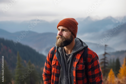 Backcountry adventurer Portrait of a man wearing a knit beanie and flannel shirt standing in front of a rugged mountain range, generative ai