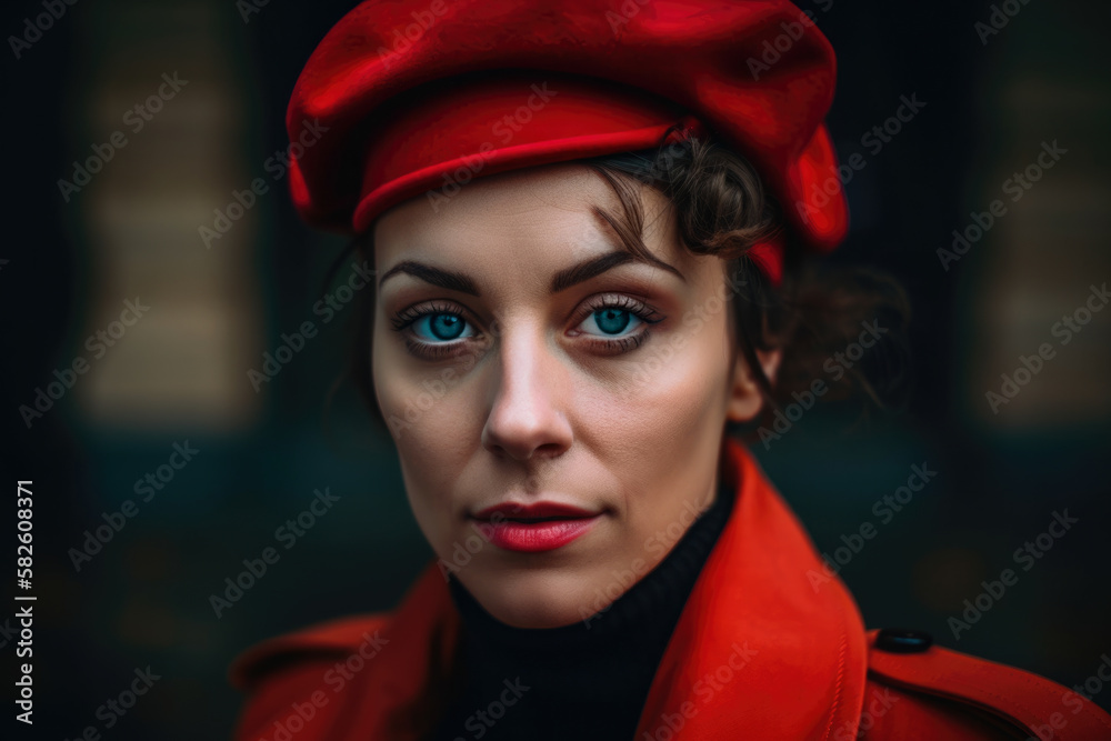 Captivating Portrait of a Woman in a Red Beret and Trench Coat, generative ai Captivating Portrait of a Woman in a Red Beret and Trench Coat, generative ai