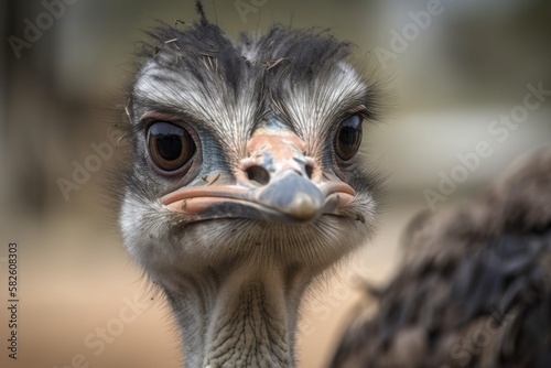 A frontal headshot of an African ostrich with an amusing attitude. Generative AI