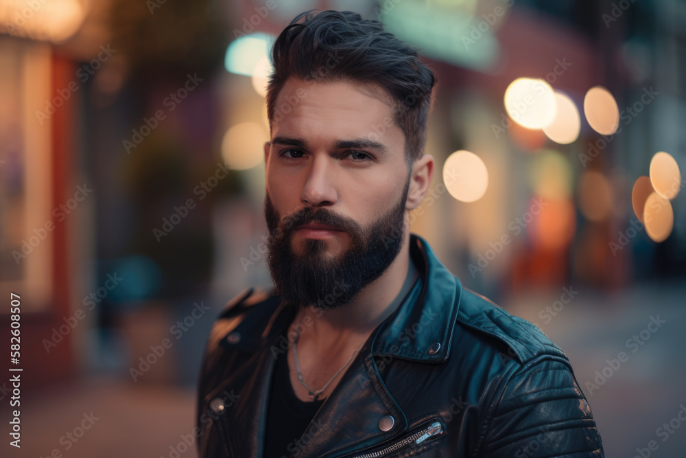 Close-up portrait of a bearded man in a leather vest with a serious expression and urban street background, generative ai Close-up portrait of a bearded man in a leather vest with a serious expression and urban street background, generative ai
