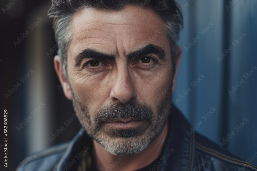 Close-up portrait of a rugged-looking man with a denim jacket and a serious expression, generative ai