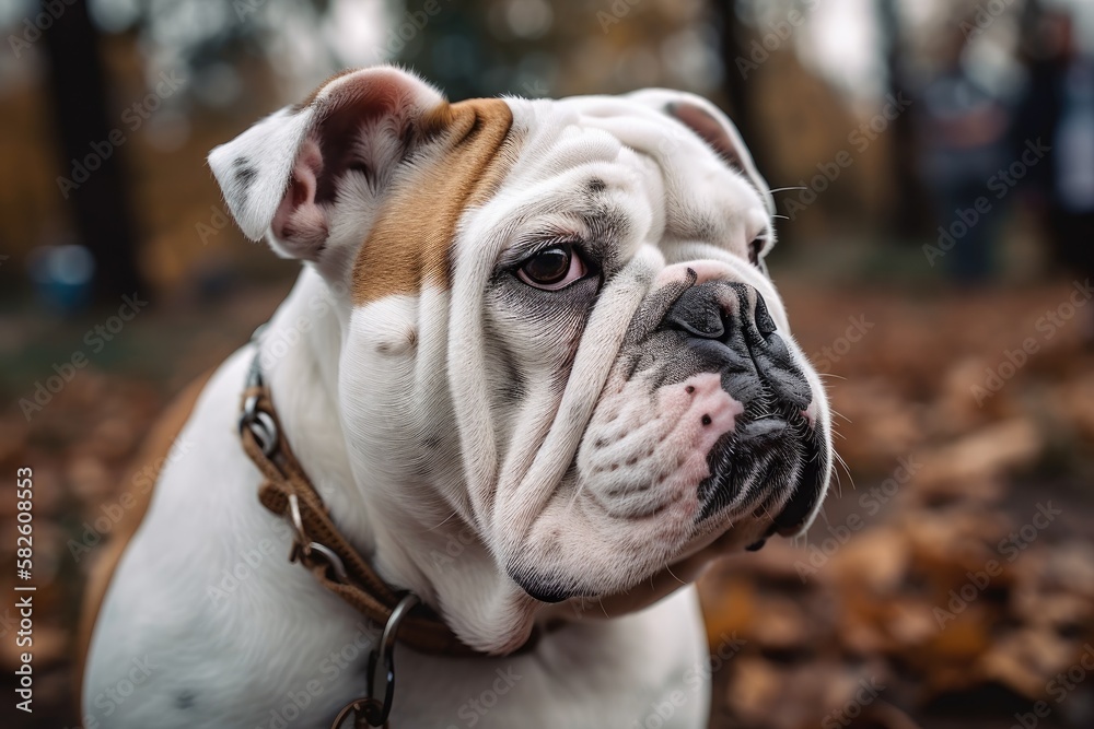 close up of a white English bulldog. Generative AI close up of a white English bulldog. Generative AI