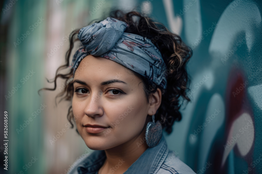 close-up portrait of a woman with a headband and denim shirt standing in front of a graffiti wall, generative ai close-up portrait of a woman with a headband and denim shirt standing in front of a graffiti wall, generative ai