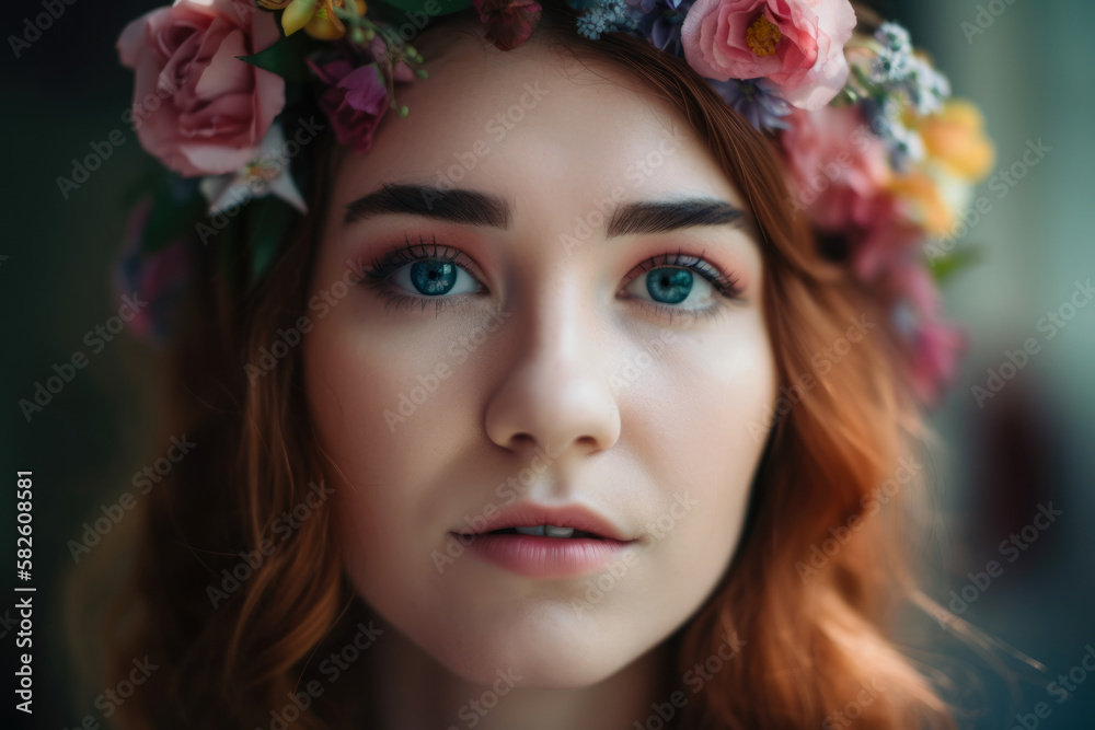 Close-up portrait of a woman with a nose piercing, wearing a flower crown and looking off-camera with a dreamy expression, generative ai