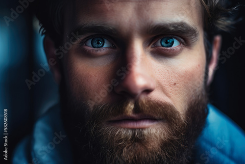 Close-up portrait of a bearded man with striking blue eyes, generative ai