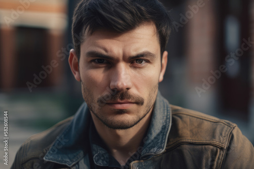 Close-up portrait of a rugged-looking man with a denim jacket and a serious expression, generative ai