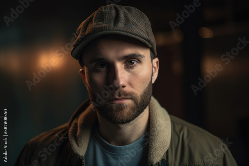 Close-up portrait of a serious man with a baseball cap and a bomber jacket, with a rugged and textured background, generative ai