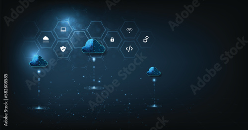 Concept of Cloud computing security technology background. vector illustration of business network data security storage online on dark blue background.