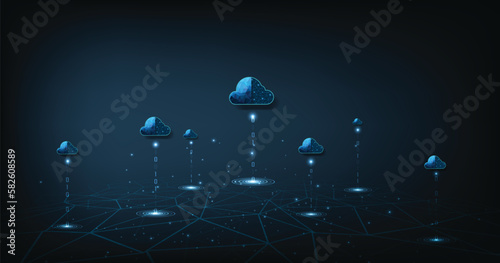 Concept of Cloud computing technology on the data network. cloud computing technology transfer database to the cloud with connected polygons with a dark blue background.